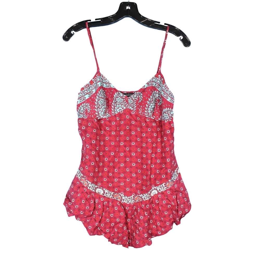 Y2K MODA INTERNATIONAL Maroon FLORAL Ruffle Hem SILK Zip BLOUSE/TANK TOP Sz XS